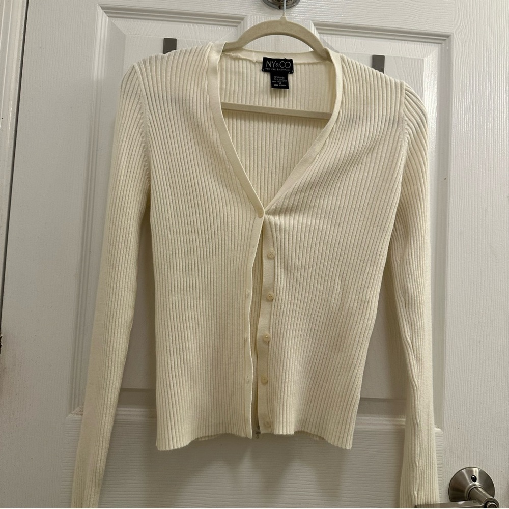 New York & Company Ivory Ribbed V-Neck Button Cardigan